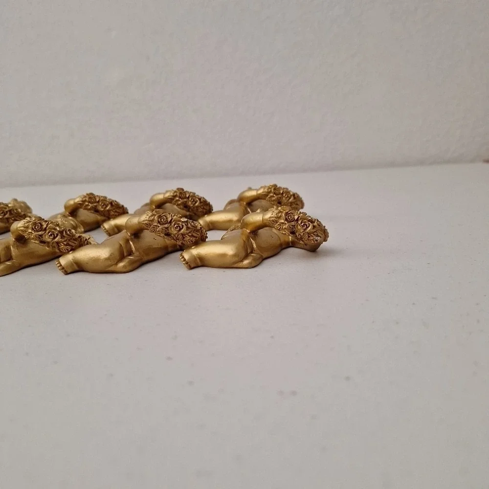 8 Ornate Resin Cherub Angel Napkin Ring Holders Gold Tone Painted Vintage HEAVY